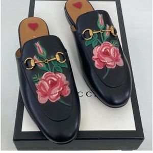 Gucci Princetown Rose Embroidery Flowers Flat Slip On Backless Loafer Mule